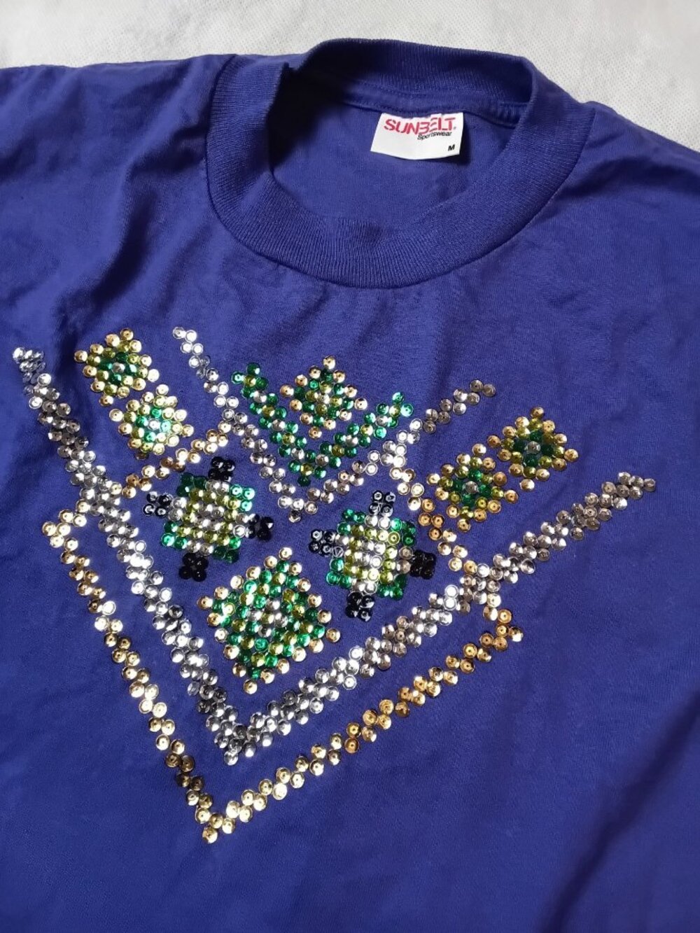 Vintage Sunbelt Sportswear Blue T-Shirt Sequin Geometric Design
